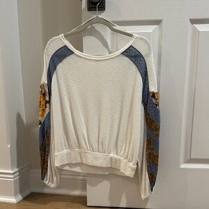Free People Cream and Blue Long Sleeve Top